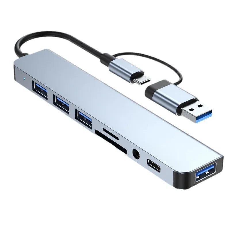 Expand your connectivity with this 8-in-2 USB + Type-C hub docking station—featuring multiple USB ports and a convenient card reader for seamless device access! Card Reader Laptop Tablet Phone Disk Converter