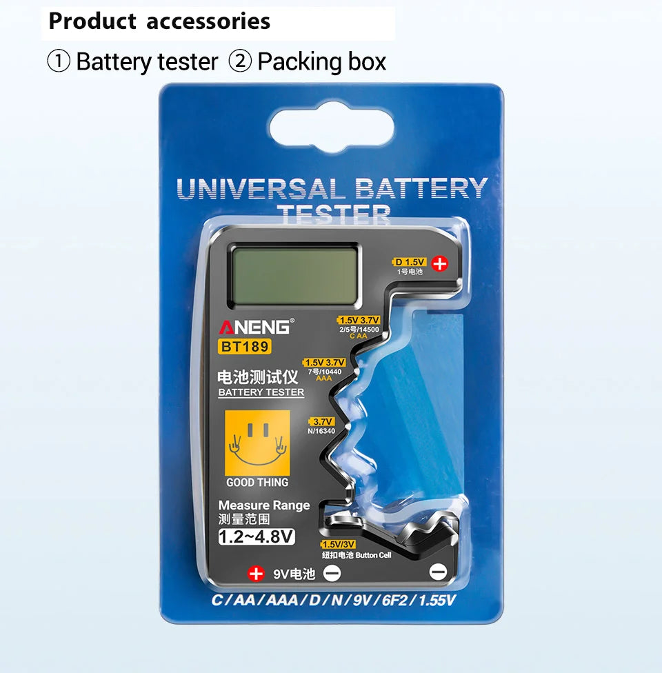 Quickly check your batteries with this universal button cell battery tester—compatible with 9V, N, D, C, AA, and AAA sizes, featuring an easy-to-read LCD display!