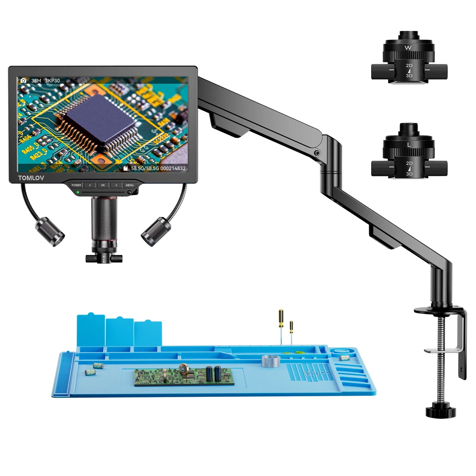 TOMLOV 3D Digital Microscope 10" For Electronic Soldering 2000X Magnetic Dual Lens 3K Video Coin Microscopio Flex Arm Repair Mat