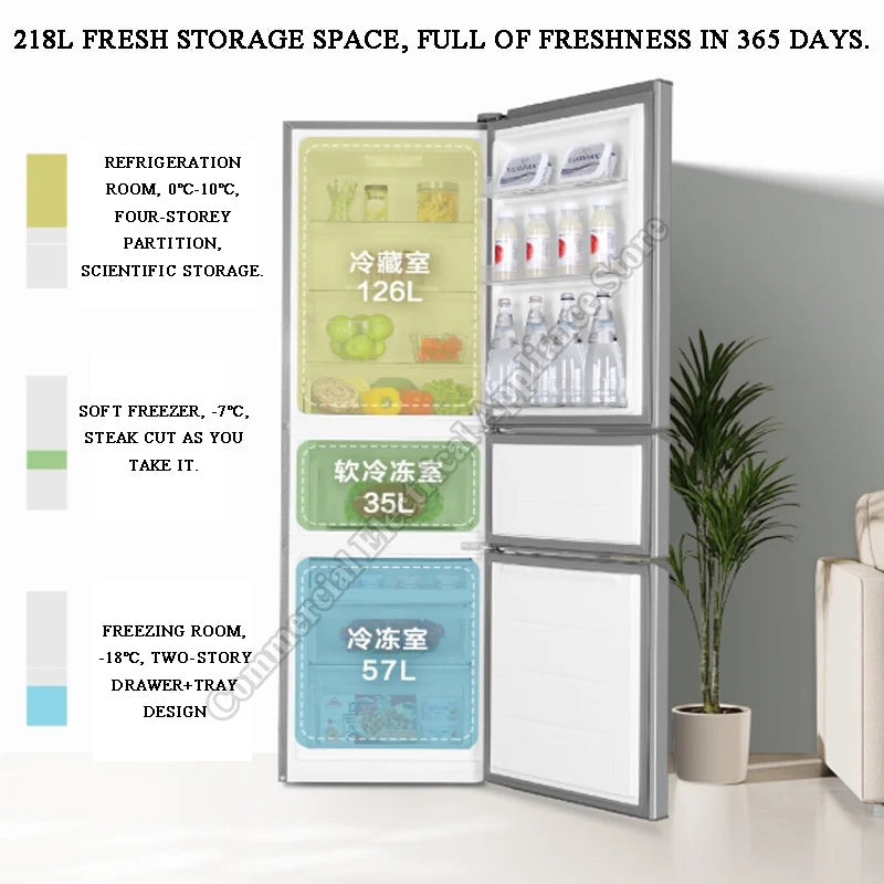 Refrigerator Household Three Doors 206 Liters Energy-Saving Fresh-Keeping Freezer