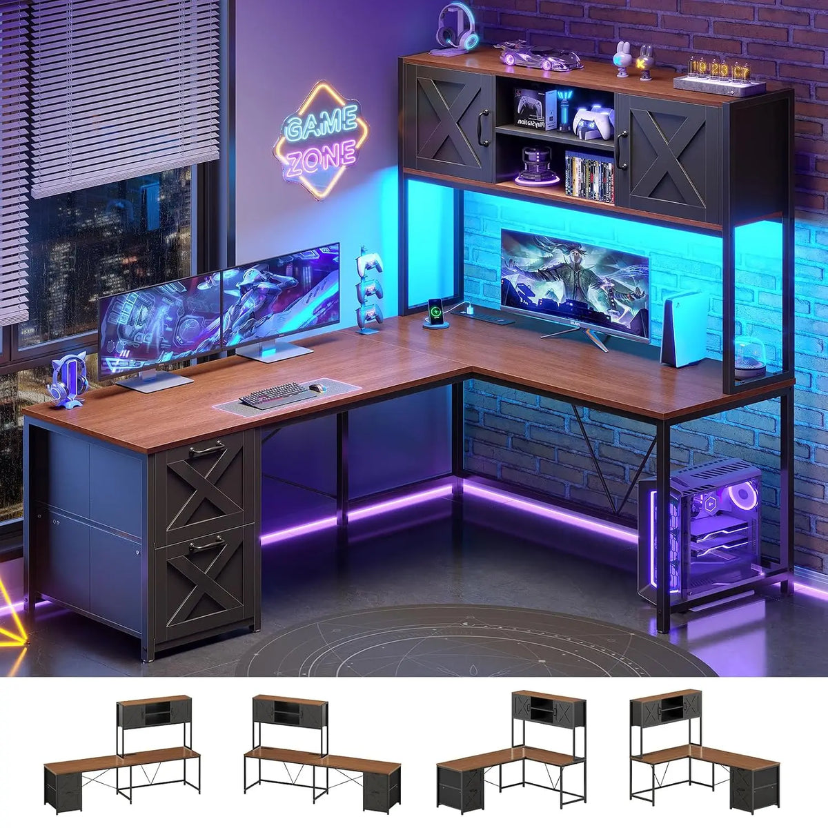 L Shaped Gaming Desk with Drawers LED Lights Power Outlet Hutch Storage Shelf Home Office Grey, Customized