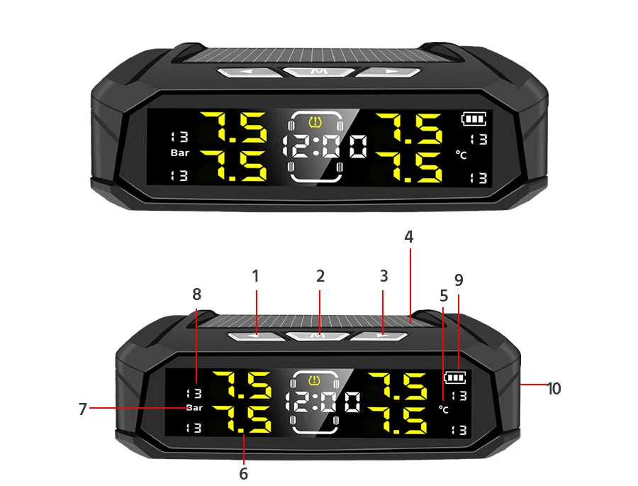 E-ACE Car TPMS Sensor 8 Bar Smart System For Car Truck With Car Electronic Clock Auto Intelligent System Solar Power LCD Display