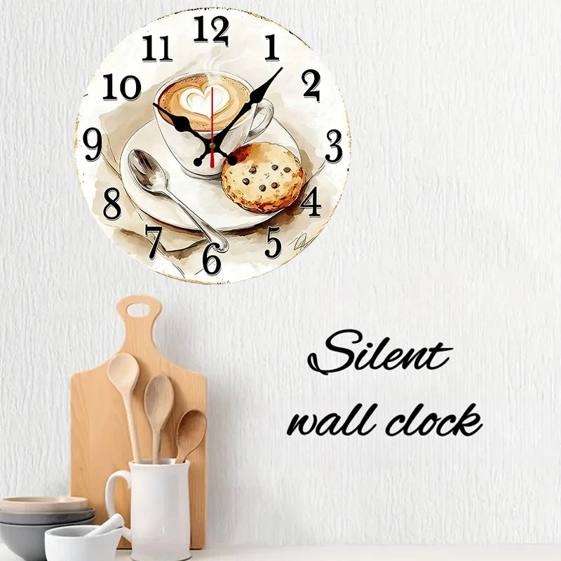 Coffee & Pastry Wooden Round Silent Hanging Wall Clock, Suitable For Living Room, Office, Study Room, Bedroom, Home Decoration