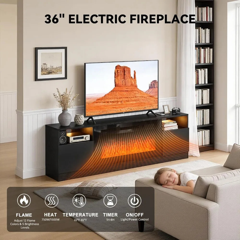 70" TV Stand, 36" Fireplace, Fits TVs Up to 80" High-Gloss Door Fireplace TV Stand Living Room