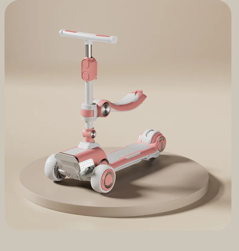 Rechargeable electric scooter for children, foldable and fun with widened design.