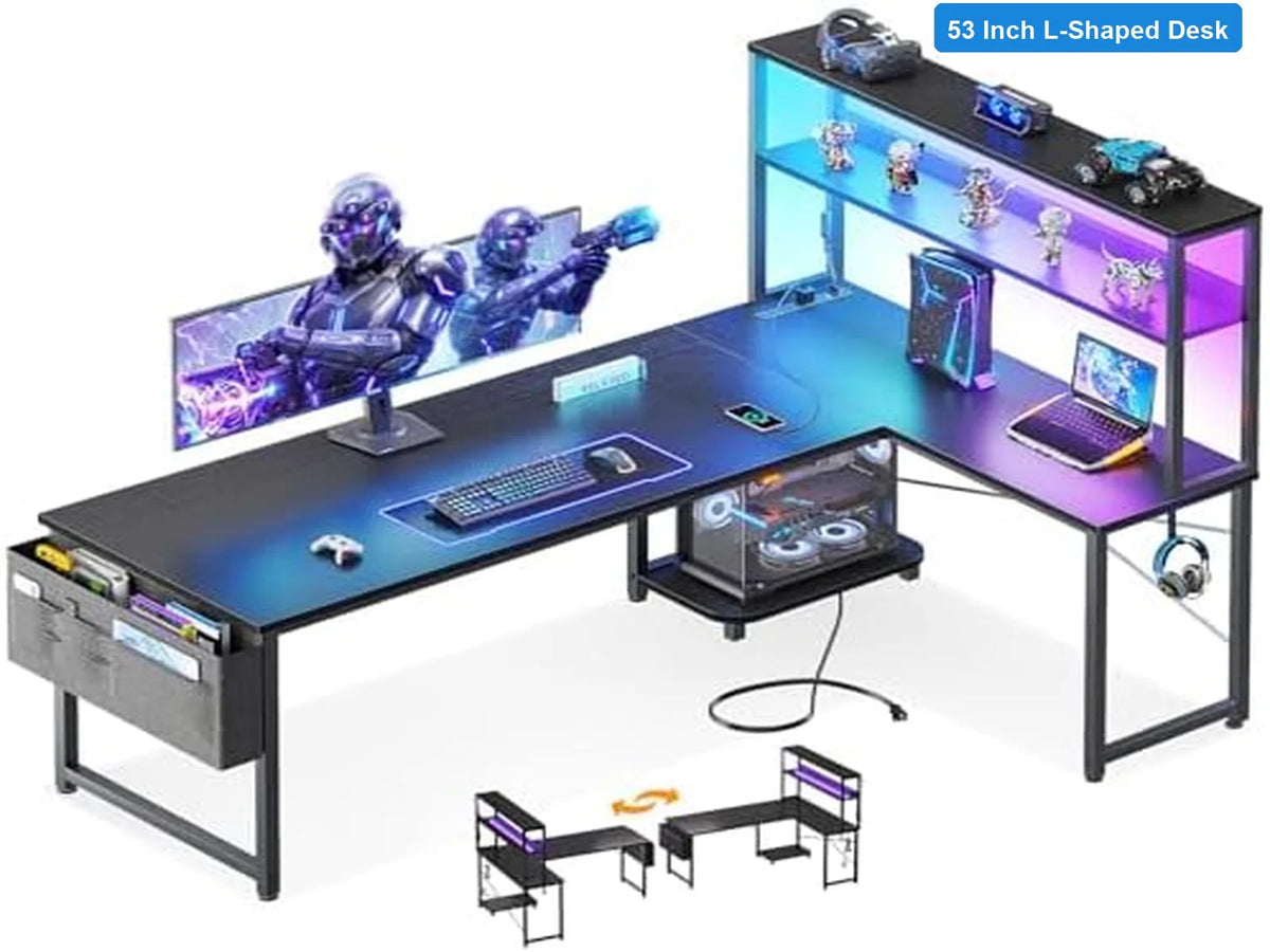L Shaped Gaming Desk 53 Inch with LED Light Power Outlets Reversible Shelves Computer Corner Black Home Office Study