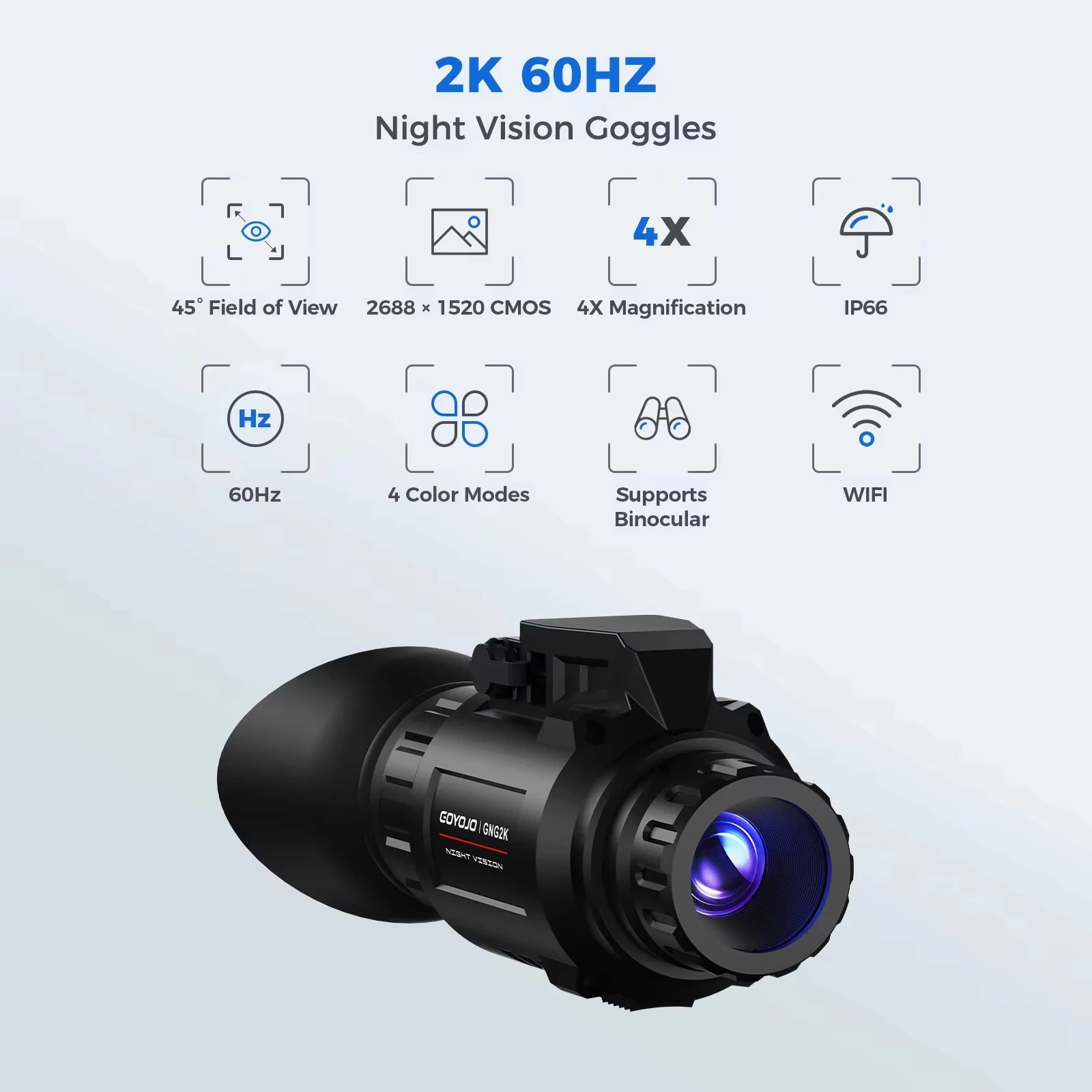 GOYOJO GNG2K Night Vision Monocular - 2K( 2688x1520) / 60Hz Refresh Digital Night Vision Goggles, Helmet Mountable, Stealth Infrared 940nm NVG with 0.0001 Lux Sensor, 4 Color Modes for Tactical/Hunting/Camping