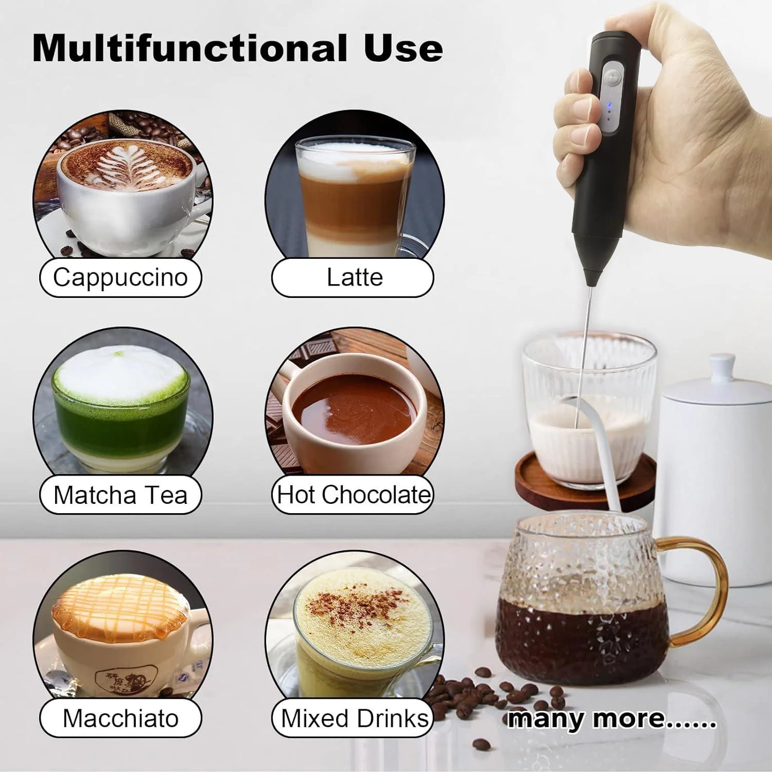Whip up frothy drinks with ease using this mini milk frother, equipped with USB rechargeability, 3 speeds, and a convenient electric handle for blending coffee, eggs, and more!