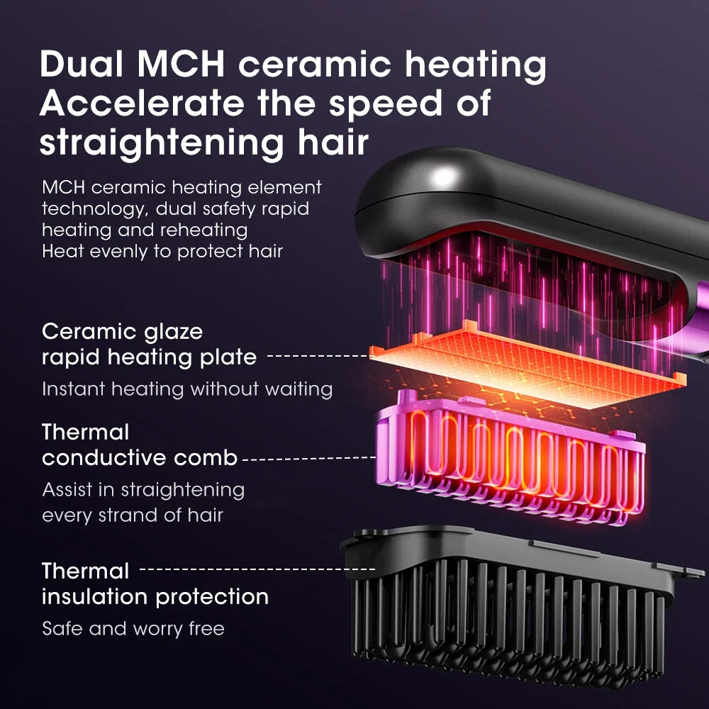 Portable Hair Straightener Brush 4 Temp Setting Cordless Straightening Comb LED Display Ceramic Coating Ionic Technology USB