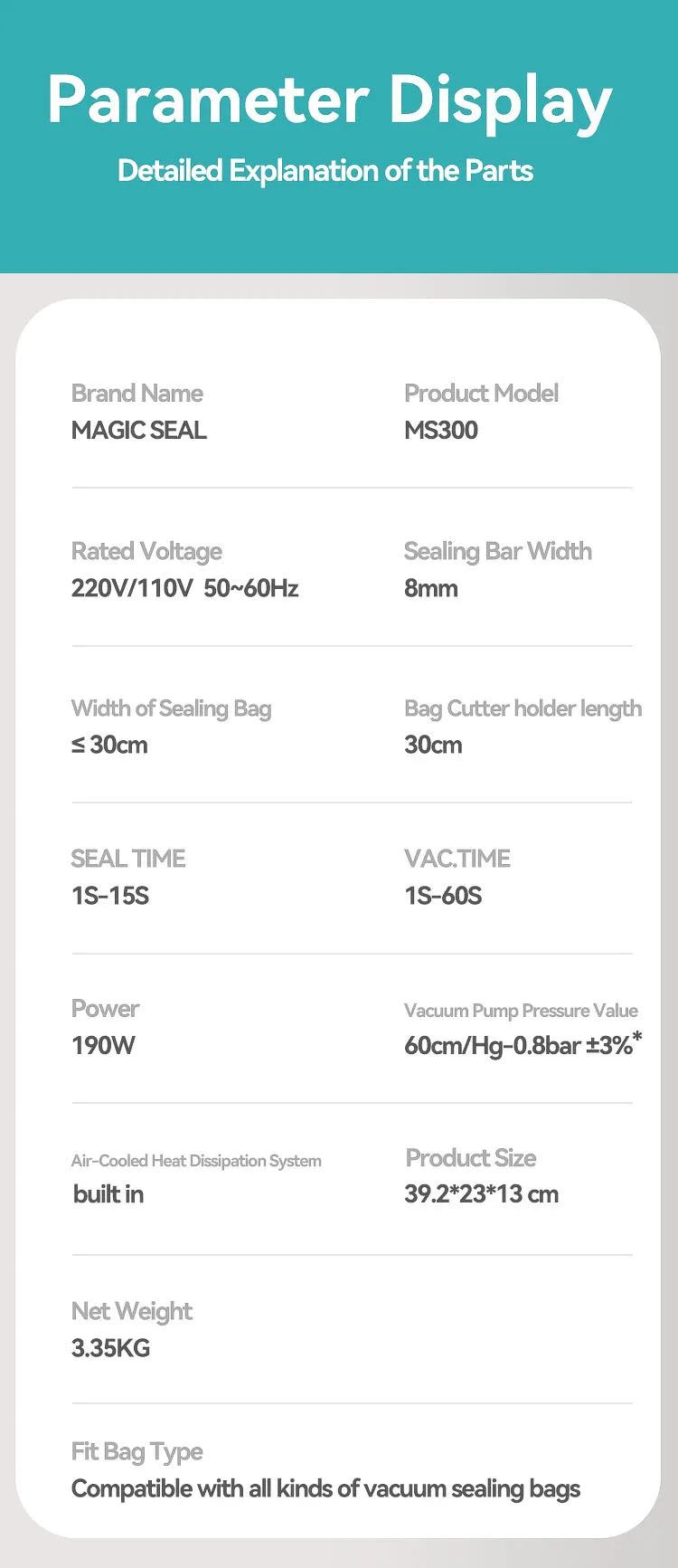 Vacuum Sealer Machine MAGIC SEAL MS300 for Food Plastic Packaging Sealer Mylar Bags Sealer Sealing machine Automatic Manual Mode