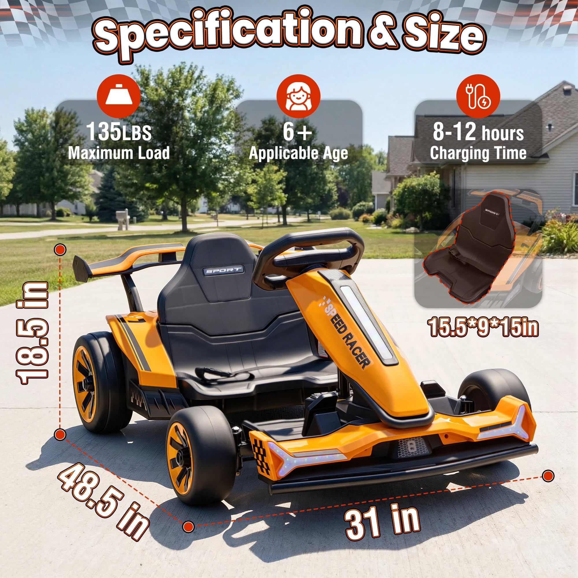 Joyracer 24V Go Kart for Kids 6-12, 2x400W Motors Electric Drift Car with Adjustable Length, 360°Drift Mode, 6.5 MPH High Speed Racing Car, Bluetooth Music