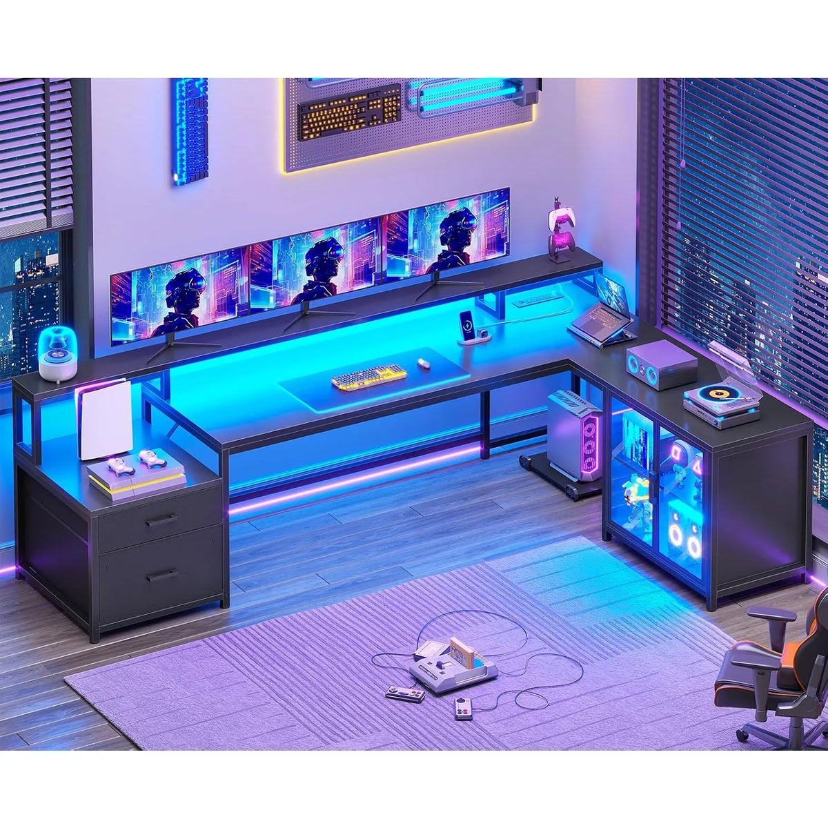78.7" Large L Shaped Corner Gaming Computer Desk,Drawers,Power Outlet & LED Lights, Customized