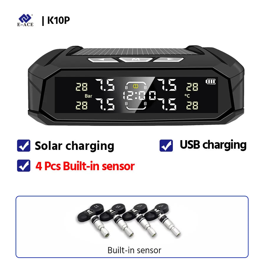 E-ACE Car TPMS Sensor 8 Bar Smart System For Car Truck With Car Electronic Clock Auto Intelligent System Solar Power LCD Display
