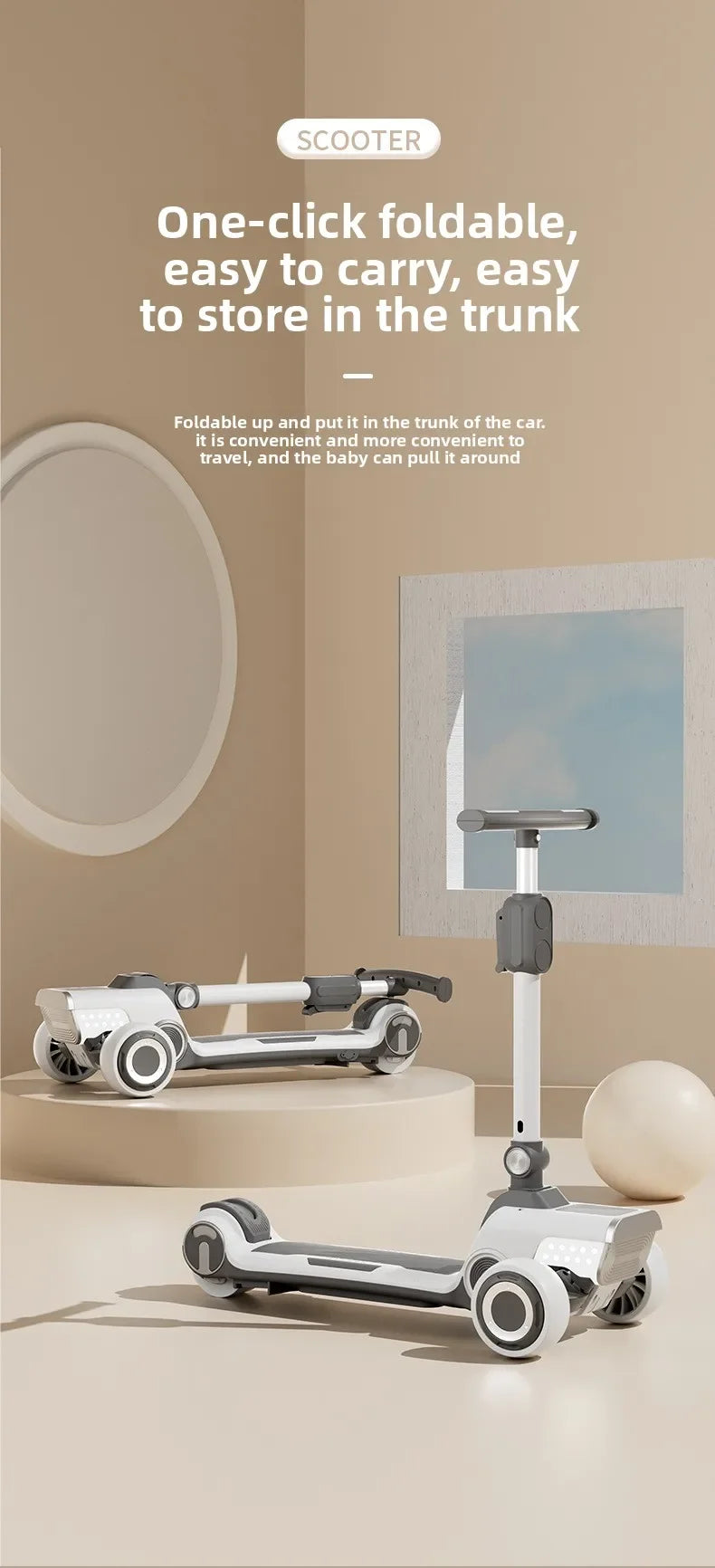 Rechargeable electric scooter for children, foldable and fun with widened design.