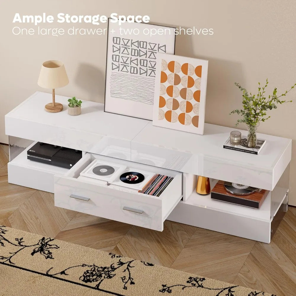 Modern High Gloss TV Stand for 55-65 Inch TVs with Stone-Patterned Sides and LED Entertainment Center