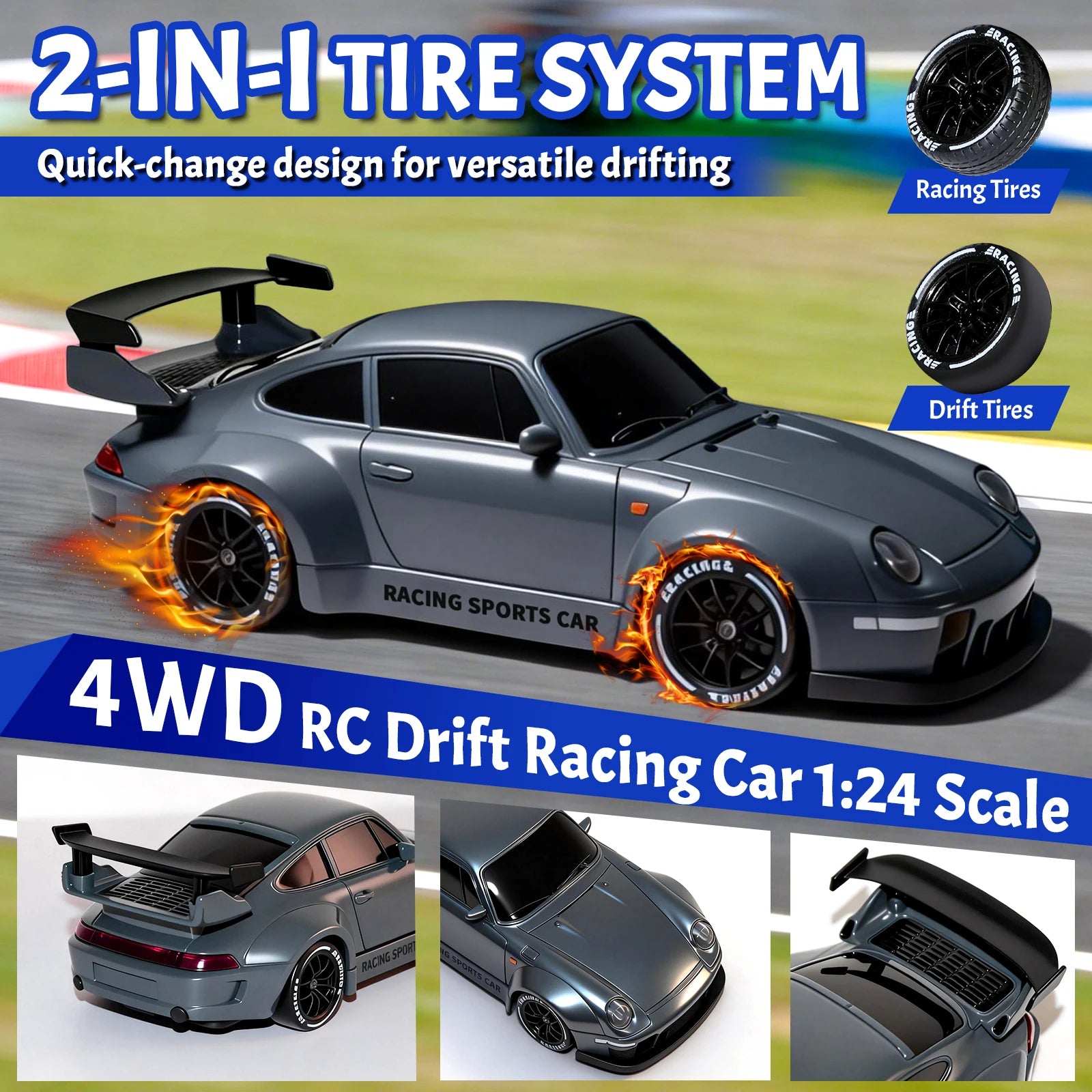 TOPLIVING RC Drift Car, 1:24 Scale Remote Control Vehicle with LED Lights, 2.4GHz 20KM/H 4WD High Speed RC Cars, Drifting Tires＆