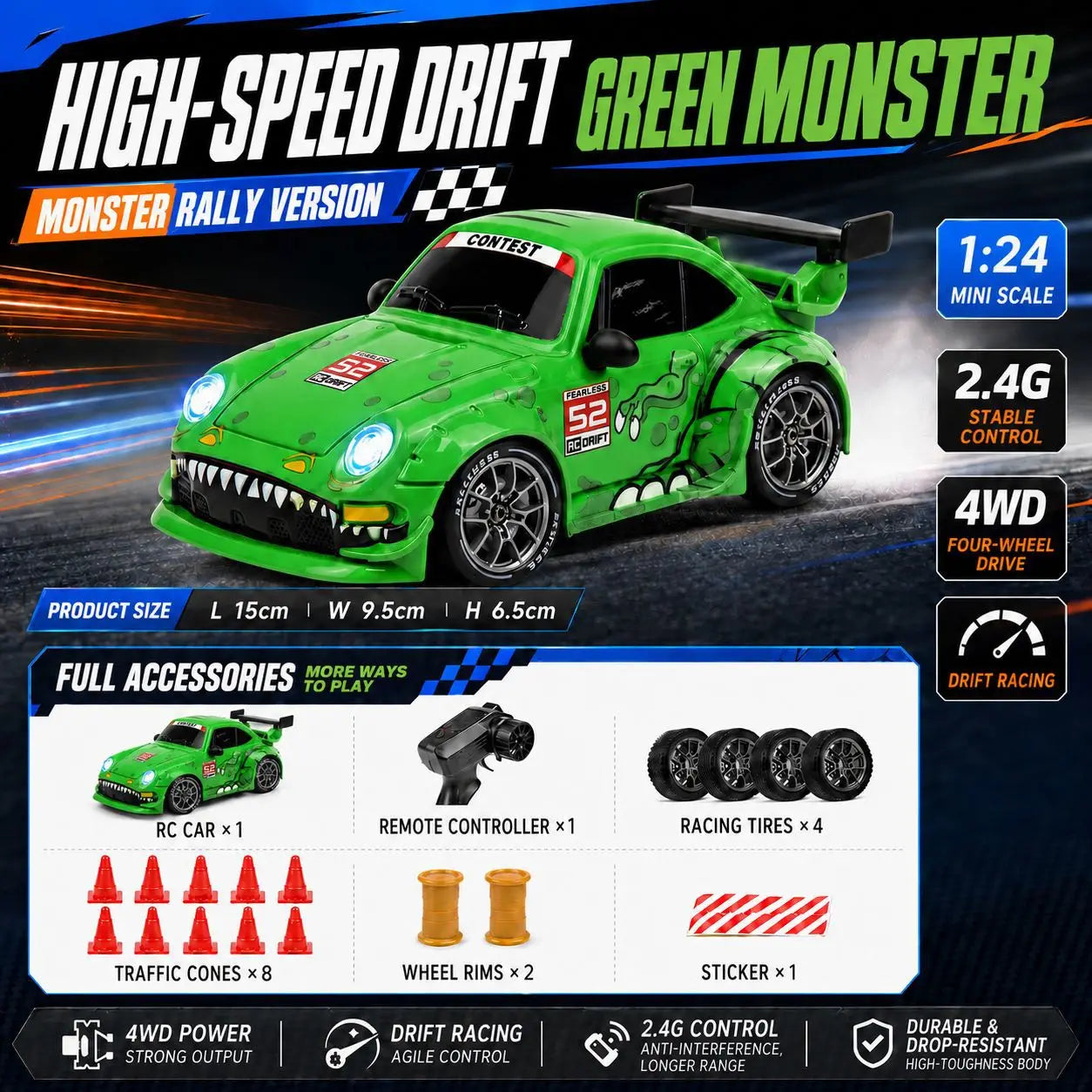 New Rc Drift Car 1 To 24 Scale Dinosaur Painted Four Wheel Drive Led Lights Aerodynamic Rear Wing Decorative Ornament