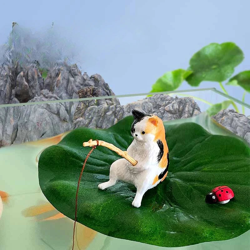 Fish Tank Landscaping Fishing Cat Ornaments Cute Mini Aquarium Decoration Cartoon Animal Resin Figurine for Home Decorations