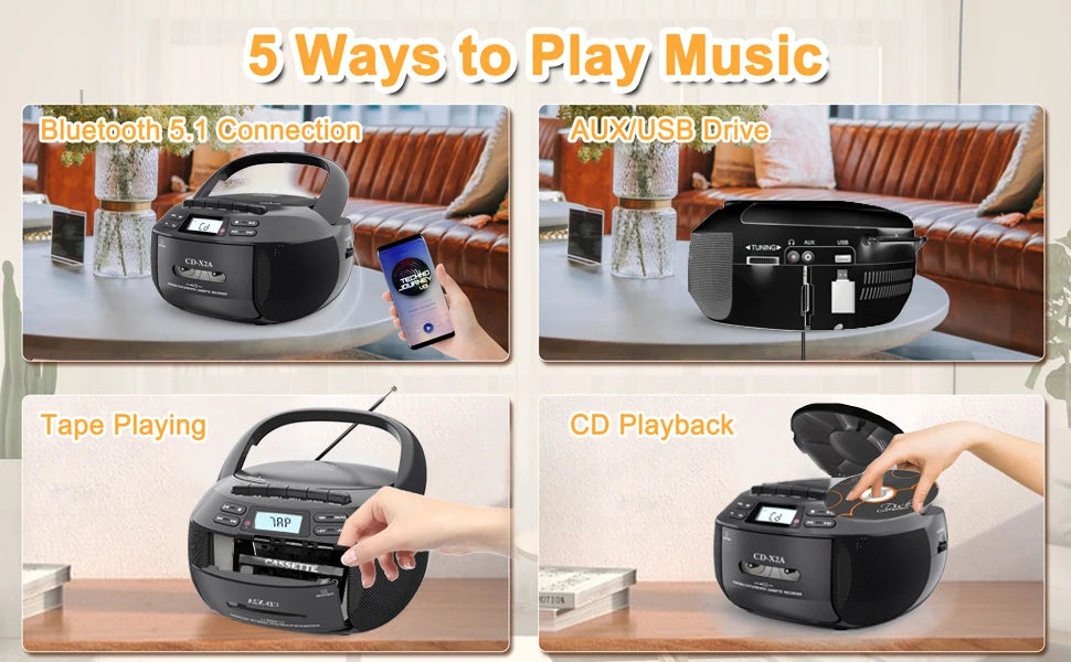 CD cassette player recorder with USB/MP3 and radios,portable cd tape boombox with remote control,AC DC power