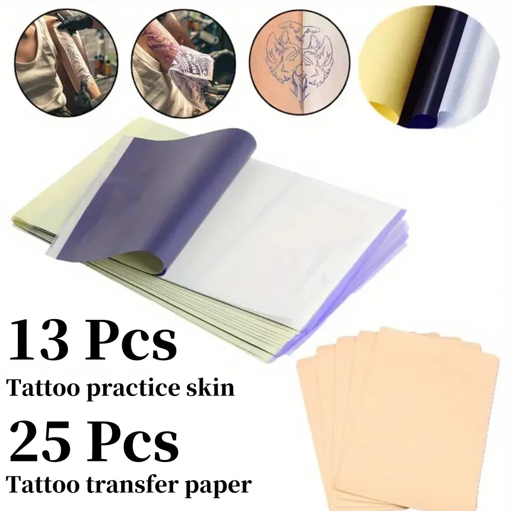 38pcs Tattoo Kit 13pcs Tattoo Skin Practice And 25pcs Transfer Paper Set Double Sides Tattoo Training Skin Tattoo Supplies HOT