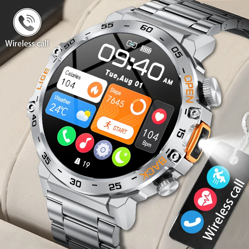 Stay active and connected with this men's smart watch featuring an HD screen, waterproof design, sports fitness tracking, and a handy flashlight—compatible with Android and iOS!