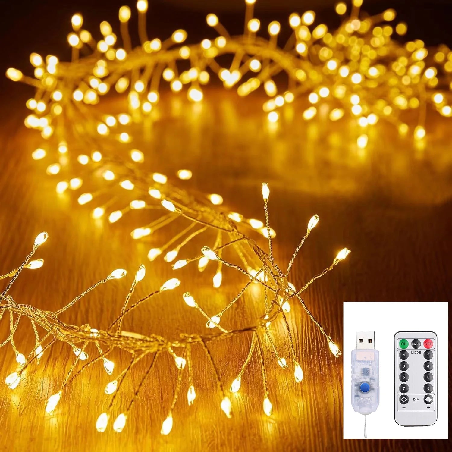 Add festive sparkle with these USB-powered LED firecracker string lights—complete with remote control for easy lighting and fun!
