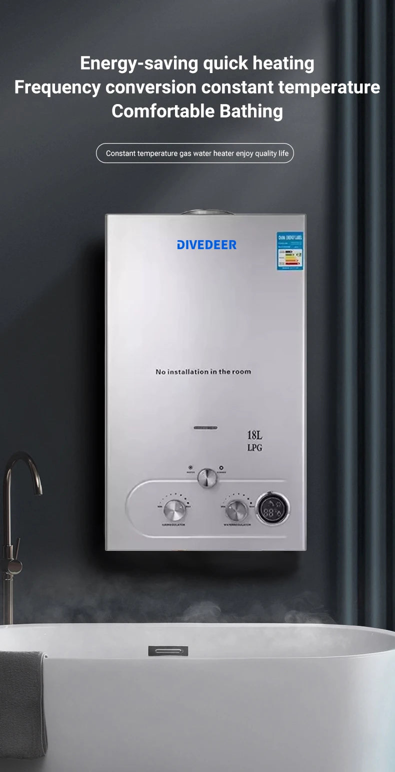 DIVEDEER Wall-mounted Water Heater 8L/12L/16L/18L LPG Water Heater Household Automatic Fast Gas Water Heater