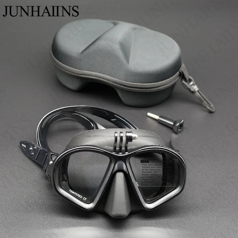 Wet Low Volume Diving Mask Tempered Glass Freedive Mask J-type Diving Mask Snorkel Set with Camera Mount Black