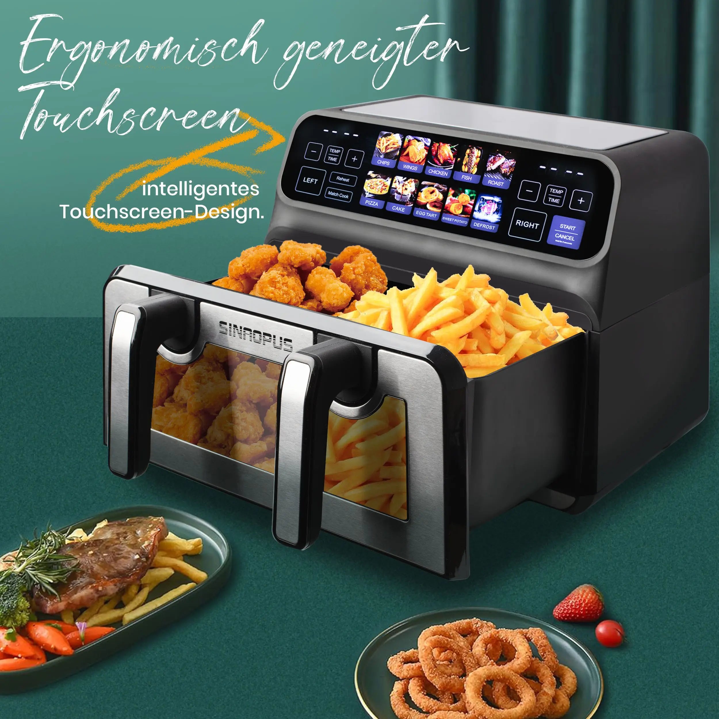 Sinaopus 2200W Hot Air Fryer Dual Basket 9 L XXL Multi-Function Air Fryer with LED Touch Screen Timable Auto Programmes