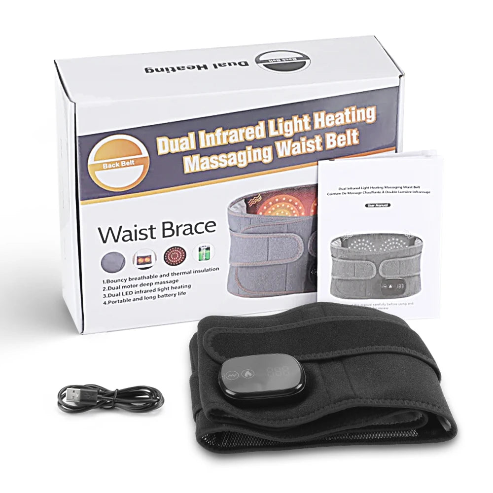 Electric Lumbar Massager Vibration Thermal Waist Massage Belt 3 Levels Hot Compress Infrared Light Dual Motor Muscle Relax