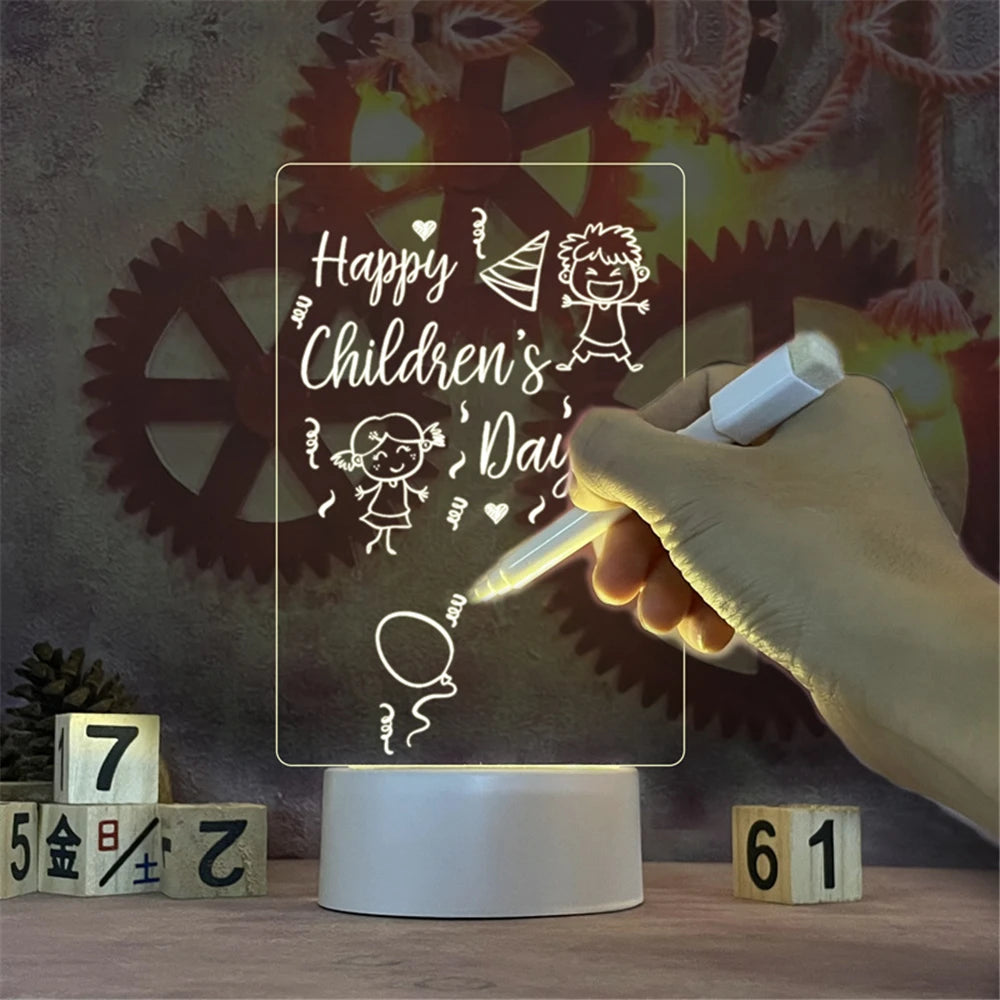 Brighten your space with this transparent LED night light—USB-powered luminous acrylic design doubles as an erasable message board and calendar, perfect for your desk or décor!