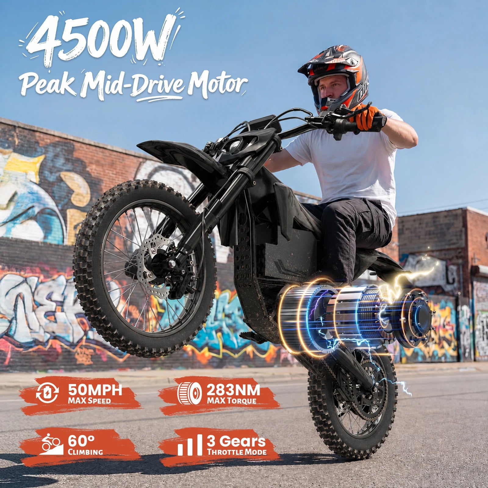 QRONGE X1 Spark L Electric Motorcycle, 4500W Peak Electric Bicycle, 60V 28.8Ah Up to 50MPH & 60 Miles Electric Dirt Bike, Full Suspension 17"/14" Off-Road Tire E-Dirt Bike for Adults Teens 1-Year Warranty