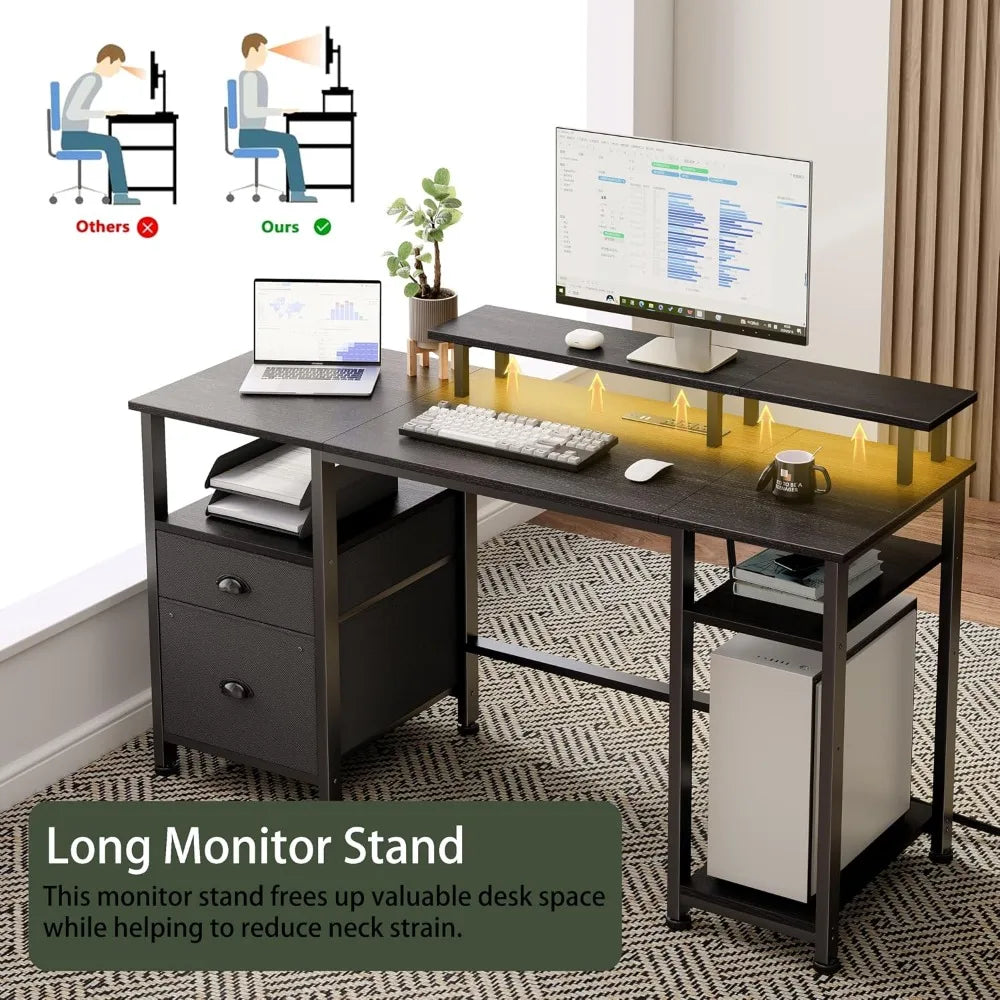 51" Gaming Desk with Power Outlets & LED Lights, Reversible Computer Desk with File Cabinet & Monitor Stand for, Customized