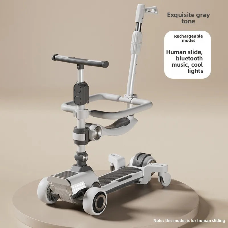 Rechargeable electric scooter for children, foldable and fun with widened design.