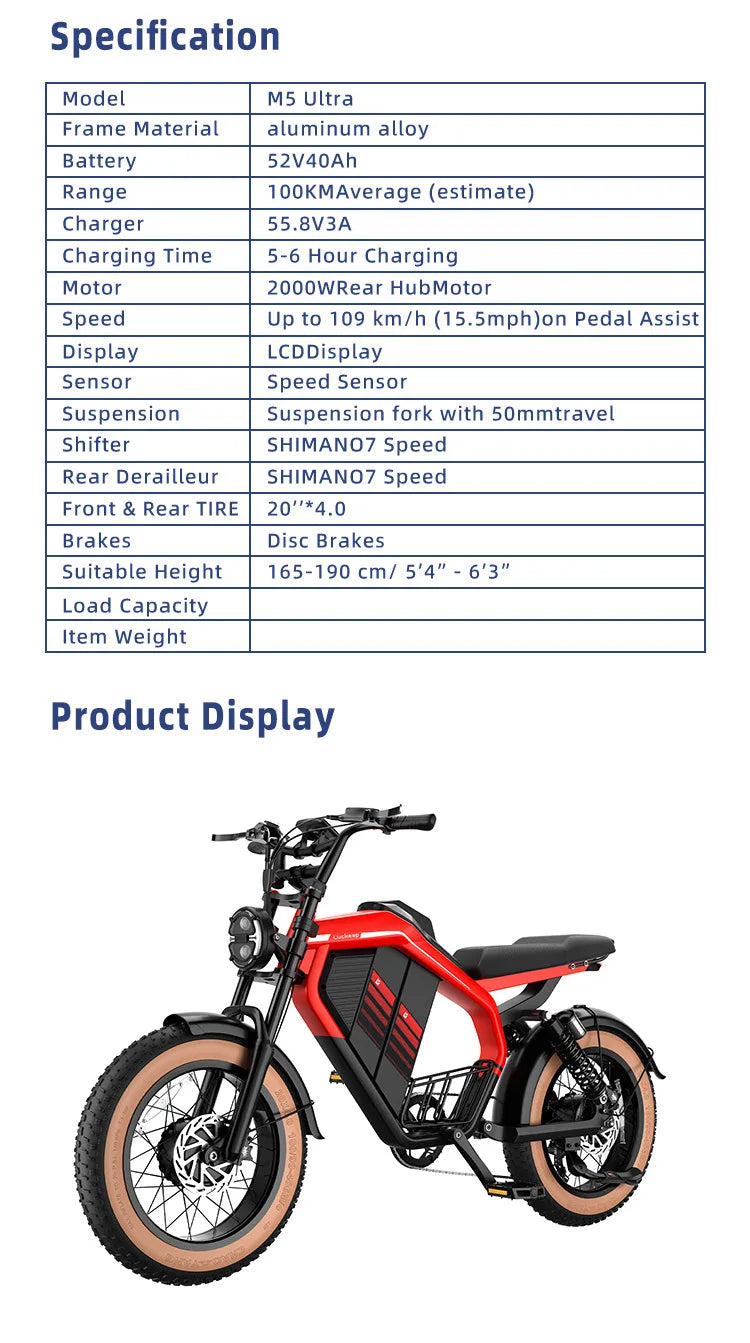 E-Bike 2000W Motor 52V40AH All-terrain Fully Suspended Off-road Motorcycle Electric Bike 20*4.0-inch Fat Tire  Electric Bicycle