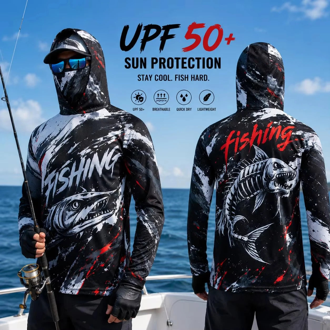MALFC Men Hood Fishing Shirt long sleeve fishing t shirt uv protection Fishing Apparel