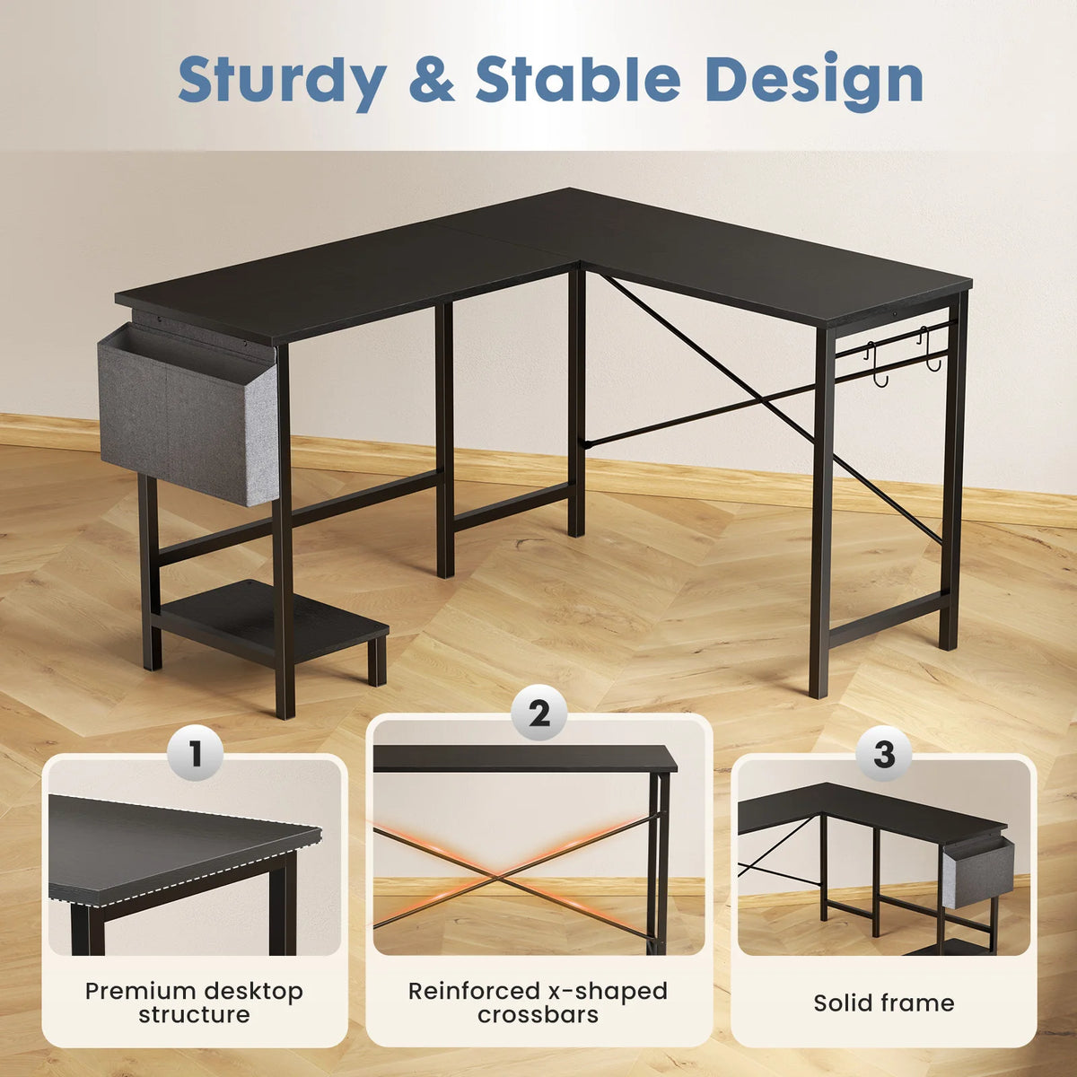 MCQ L Shaped Standing Office Computer Desk with Storage Bag and Side Hook Ergonomic Computer Corner Gaming Desk with PC Stand for Home Office Use Workstation