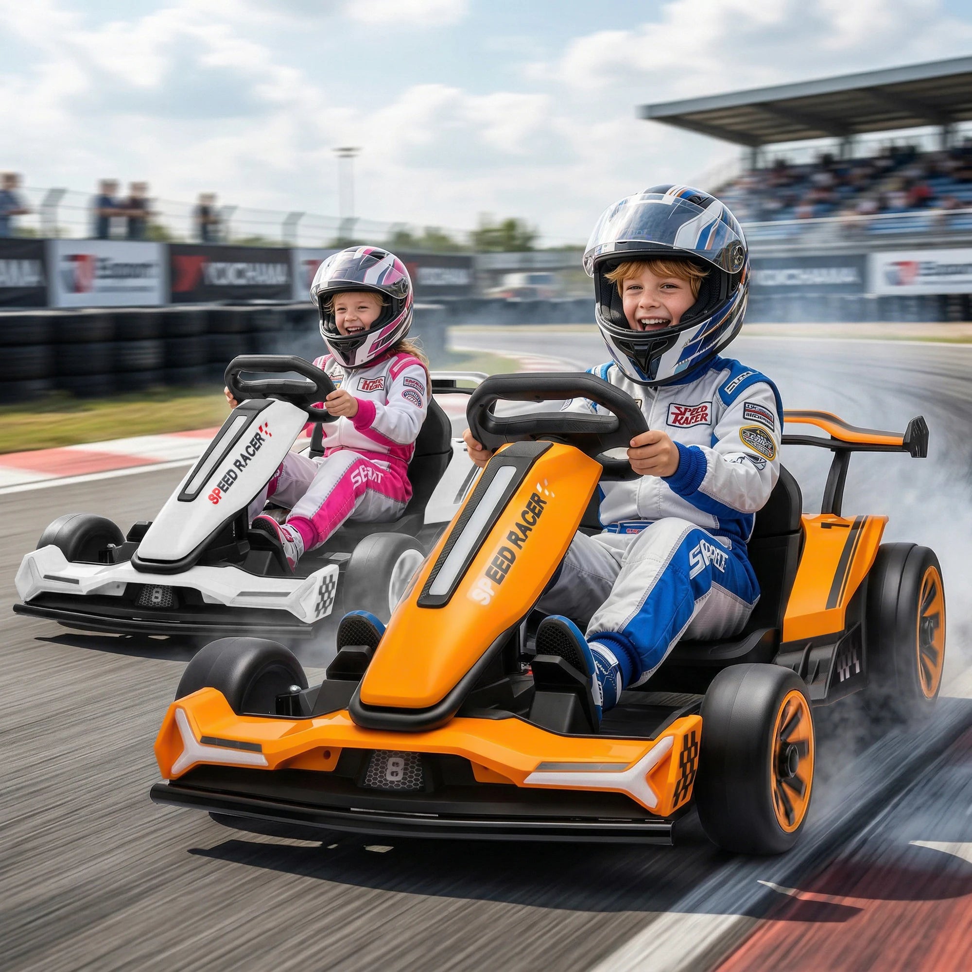 Joyracer 24V Go Kart for Kids 6-12, 2x400W Motors Electric Drift Car with Adjustable Length, 360°Drift Mode, 6.5 MPH High Speed Racing Car, Bluetooth Music