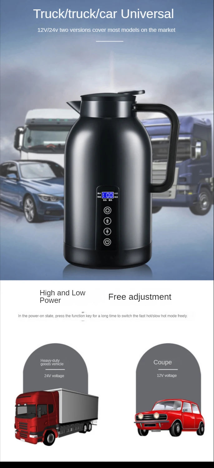 Portable Car Hot Kettle 1200ML Water Heater Travel Auto 12V/24V for Tea Coffee 304 Stainless Steel Large Capacity for Vehicle