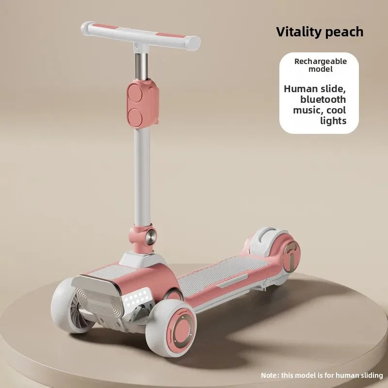 Rechargeable electric scooter for children, foldable and fun with widened design.