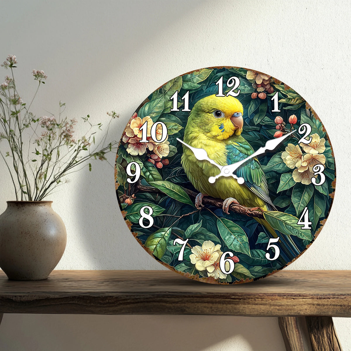 Vibrant Parrot on Branch Wall Clock - Tropical Bird Theme Decorative Timepiece for Home