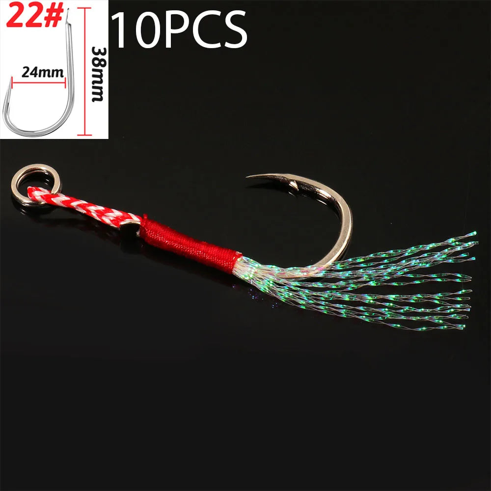 Cast Jig Assist Hook 10PCS/Lot High Carbon Steel Angle Barbed Thread Feather Lake Fishing Tackle Slow Jigging Sea Pesca Fishhook