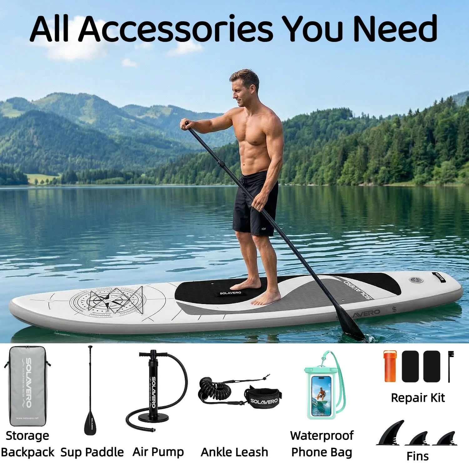 Inflatable SUP Board Complete with A Full Set of SUP Accessories, Featuring Three Removable Tail Fins and A Non-slip Deck for Adults. Available in A Wide Variety of Patterns and Designs,Suitable for A Range of Water Sports.