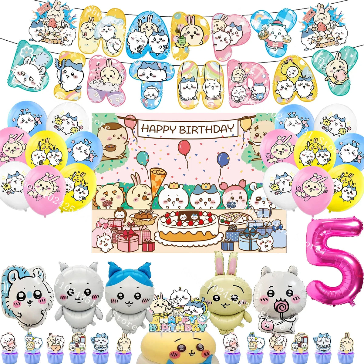 Chiikawa kawaii Happy Birthday Party Decorations Cute plate Banner Cake Topper Flag Balloons Disposable tableware Decorations