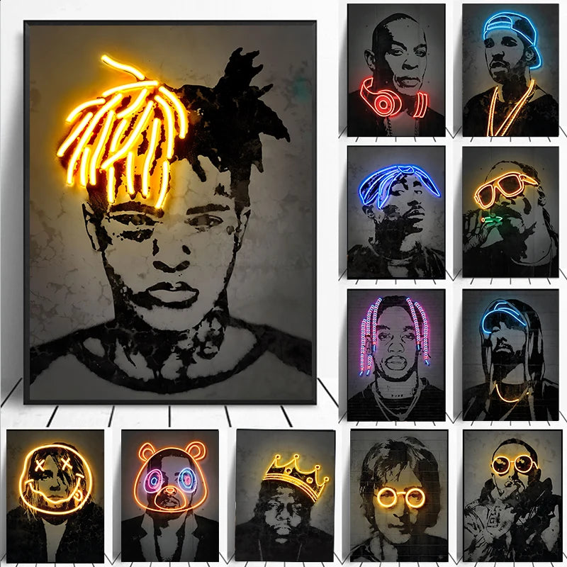 Abstract Neon Rapper Star Posters 2Pac Hip Hop Singers Wall Art Pictures Graffiti Canvas Painting Home Room Bar Decor NO LED