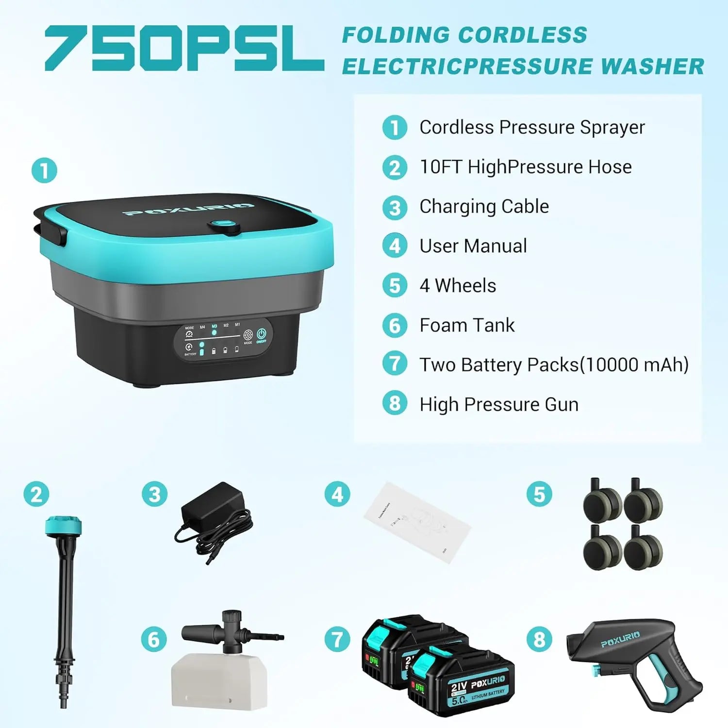 Portable Cordless Pressure Washer for Car Washing and Patio, with 750PSI, 4.5Gal Tank and 2x5.0Ah Battery