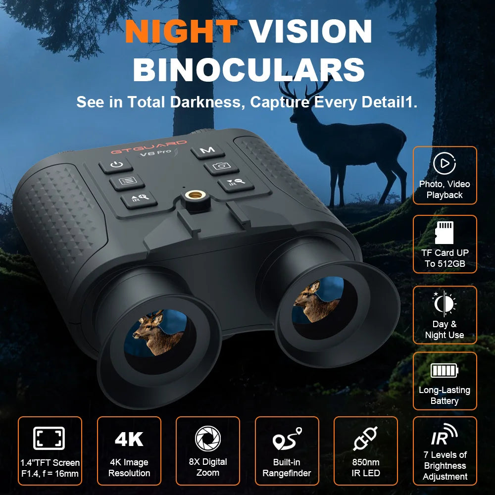 V6 PRO IR 4K Night Vision Binoculars Goggles 8X Digital Zoom 300M Full Darkness Photo & Video Telescope for Hunting Rangefinder