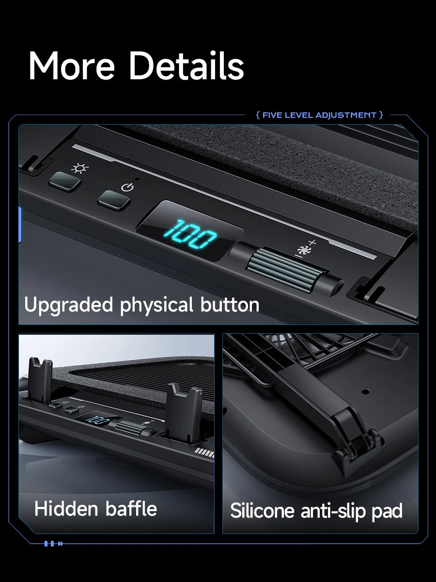Keep your laptop cool and stylish with this adjustable, foldable cooler pad featuring LED lighting and powerful fans—fits 14" to 17.3" laptops perfectly!