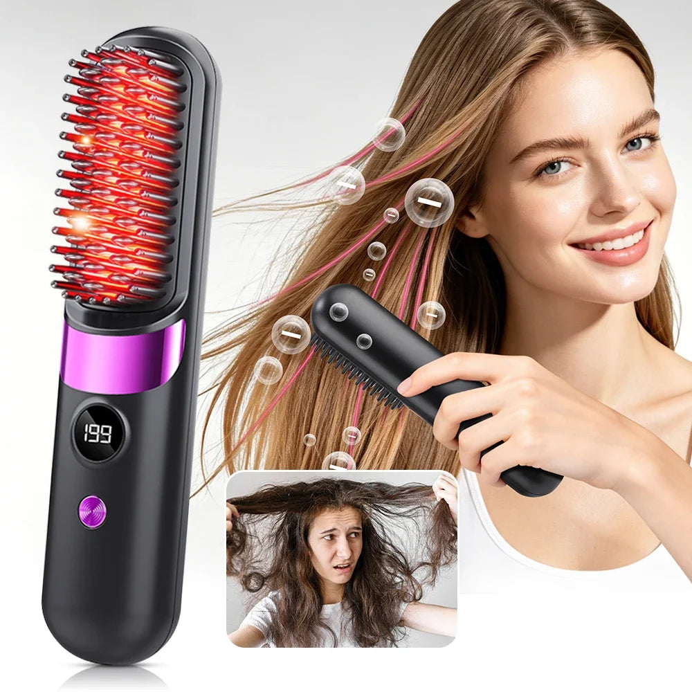 Portable Hair Straightener Brush 4 Temp Setting Cordless Straightening Comb LED Display Ceramic Coating Ionic Technology USB