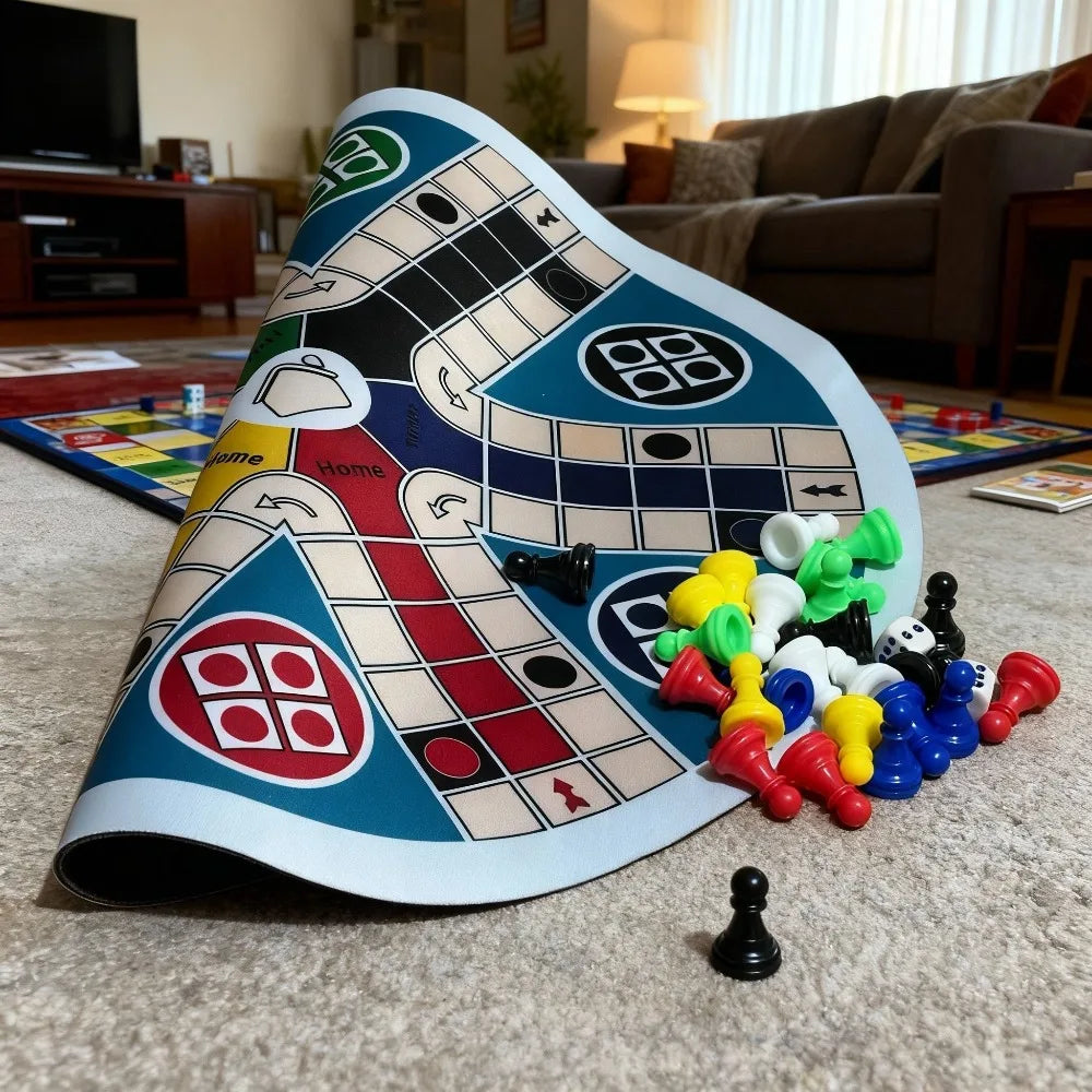 LUDO Game Board 6-Player Big Size 35CM/13.78IN - INCLUDE: 1 Circular Chess Mat, 24 Pieces in 6 Colors, 2 Dice